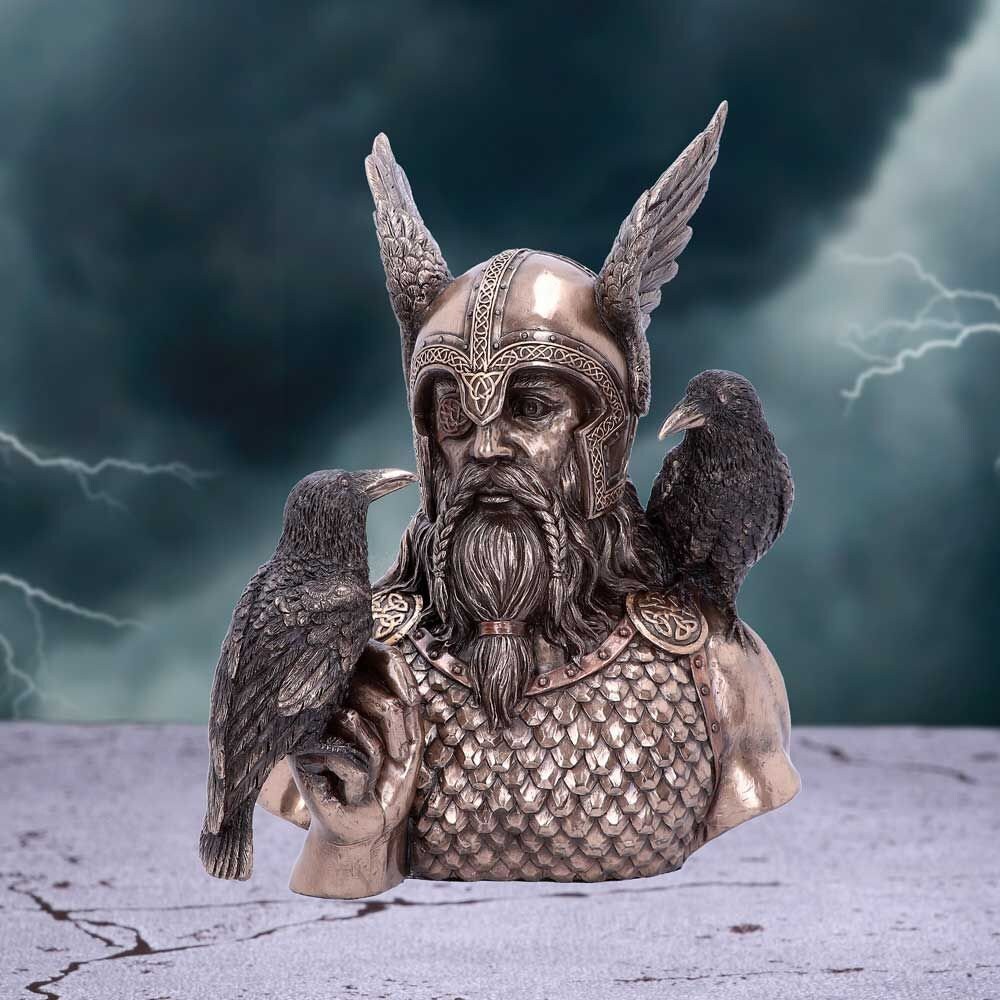 9 Odin Bust with Ravens Viking Norse Mythology God Statue Bronze