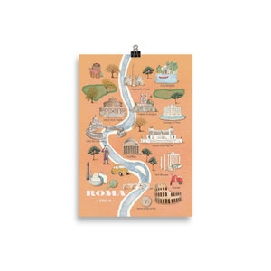 Può includere: Un poster con una mappa ad acquerello di Roma, Italia, con illustrazioni di monumenti come il Colosseo e il Pantheon. La mappa è su uno sfondo arancione, con la parola "ROMA" e "- ITALIA -" in basso.