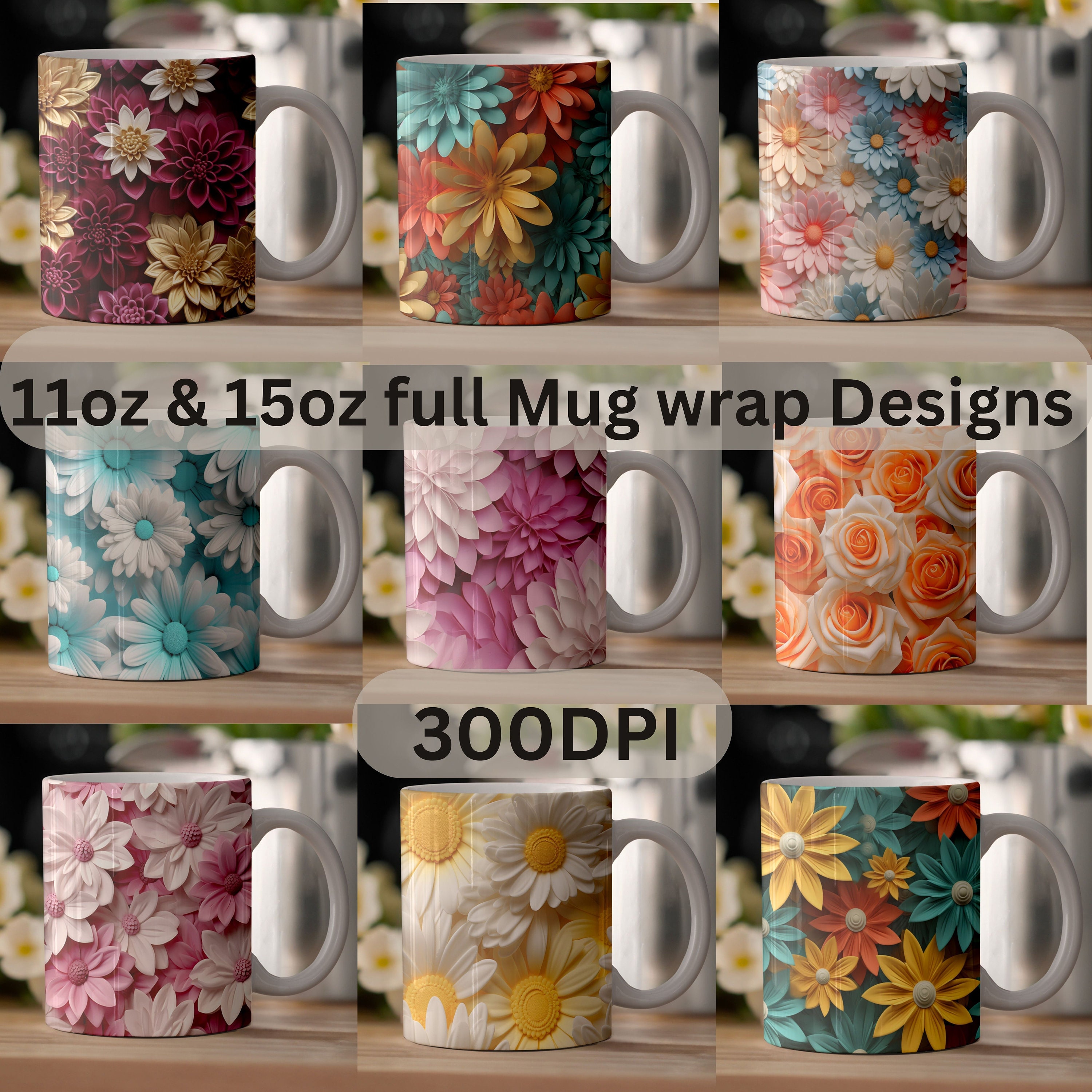 40 3D Floral Mug Wrap Bundle, 3D Mug Sublimation Design, 3D Flowers Mug