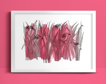 PINK Flamingos Druck in A3 Größe. Flamingos und Natur Wand dekor. Minimalistische Wandkunst und Illustration. PINK Kunstdruck der COLORS Serie.