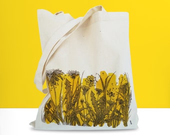 Regalo para ella. Bolsa tote de algodón AMARILLA con flores de diente de león. Bolso de diseño de la serie COLORS.