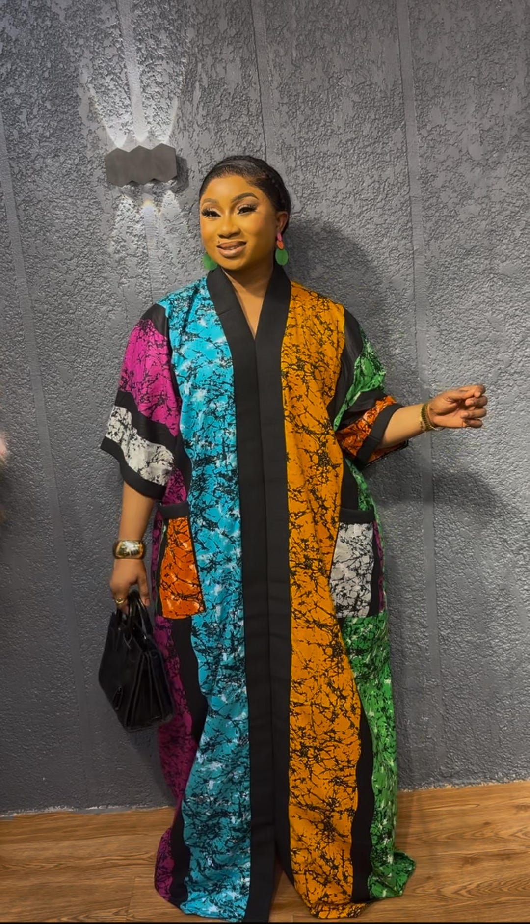 Elegant free size Damask bubu with aso oke in brown main image 1
