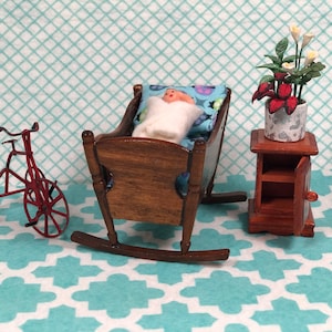 Vintage Dollhouse Cradle with baby, trike, Nightstand with Flower Pot C-1
