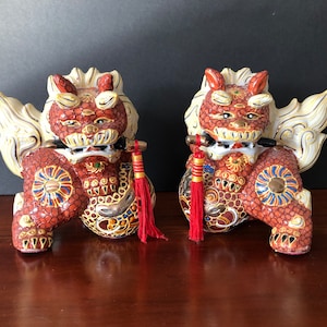 Foo Dogs, Royal Red and Gold Foodogs Pair with Tassels 6”