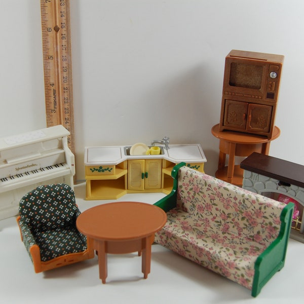 Miniature Plastic Dollhouse furniture, piano,fireplace, 8 pieces