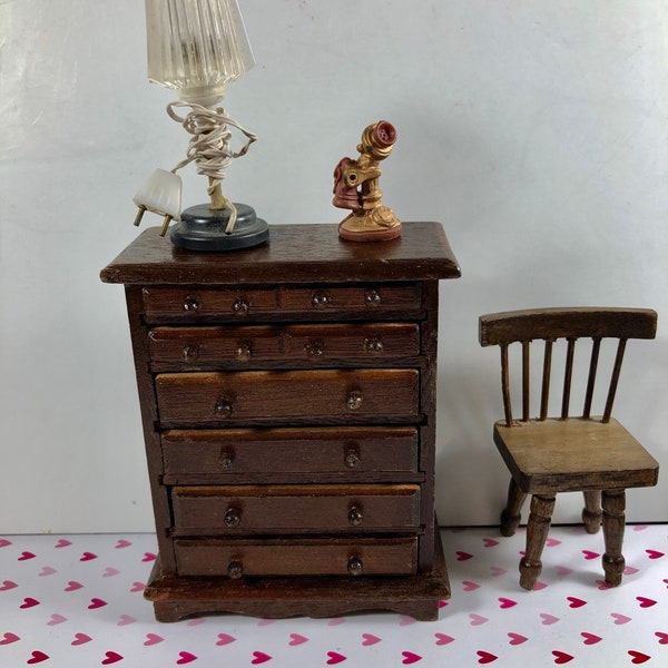 Vintage Dollhouse Hello Dolly Wood 6 Drawer High Chest, lamp, telephone, chair
