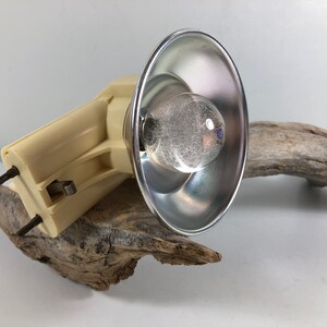 May include: Vintage off-white flash unit with a silver reflector and a clear bulb. The flash unit has two prongs and is resting on a piece of driftwood. The bulb is visible inside the reflector.