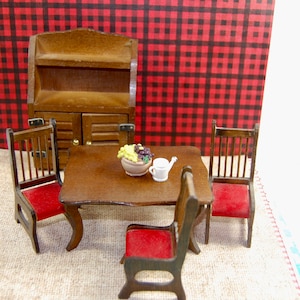 Vintage Dollhouse Furniture Table 3Chairs, Cabinet, fruit bowl and pitcher