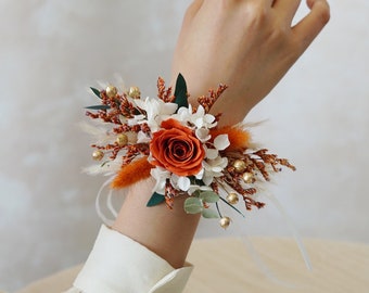 Fleurs de mariage naturelles roses oranges stabilisées, corsage de mariage, cadeau de fête des mères, fleurs stabilisées, corsage/bracelet de mariée, fleurs de mariage