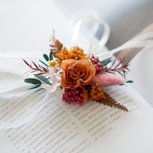 Burnt Orange Rose Wrist corsage, Wedding corsage; Mother&#39;s day gift, Preserved flowers, Bridal bracelet boho corsage