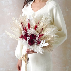 Burgundy Red Rose Bohemian Flower Boho Natural wedding flower bouquet,Pampas Grass bouquet,Dried flower bouquet,Bridal/Bridesmaid bouquet
