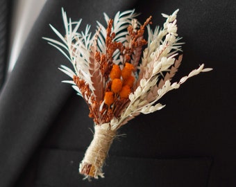 Orange Lovergrass Boho Pampas Dried Boutonniere,Rustic Dried flower bouquet, Groom Pin Wedding flower bouquet,Boutonnières for man