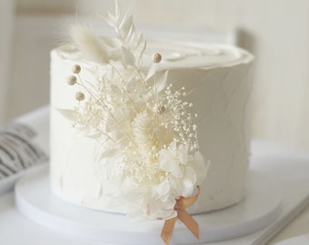 Hortensia Cake Boeket, Witte Dired Flower Cake Topper, Bruidstaart Bloemen, Bruidstaart Boeket Gedroogde Bloemen