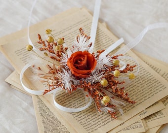 Fleurs de mariage naturelles roses oranges stabilisées, corsage de mariage, cadeau de fête des mères, fleurs stabilisées, corsage/bracelet de mariée, fleurs de mariage