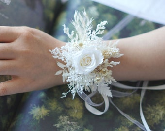 White Rose Wrist corsage, Wedding corsage; Mother&#39;s day gift, Preserved flowers, Bridal bracelet boho corsage