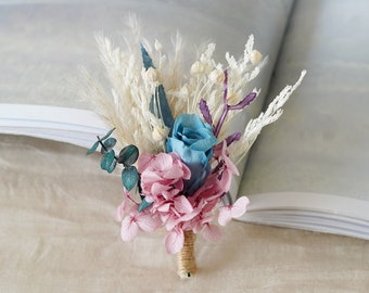 Boutonniere bohemio de Color azul, broche/ojal para novio de flores naturales de boda, ramo de flores de boda, pin de solapa de boda Boutonniere