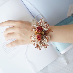 Burnt Orange Dried Rose, Wrist corsage ,Wedding corsage;Mother&#39;s day gift,Preserved flowers,Bridal bracelet boho corsage