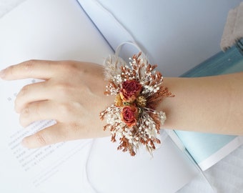 Burnt Orange Dried Rose, Wrist corsage ,Wedding corsage;Mother&#39;s day gift,Preserved flowers,Bridal bracelet boho corsage