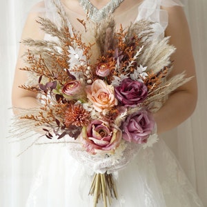 Purple Silk Flower Bouquet Rustic boho Wedding Bouquet,Artificial Faux Flowers Home Wedding Decor,bridal bouquets,Pampas grass bouquet