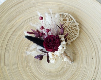 Boutonnières de Roses conservées rouge bordeaux, broche/boutonnière du marié de fleurs naturelles de mariage, bouquet de fleurs de mariage, boutonnière d'épinglette de revers