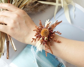 Burnt Orange Lovergrass/ Wrist corsage / Rustic Wedding corsage;Mother's  day gift,Preserved flowers/ Bridal bracelet boho corsage