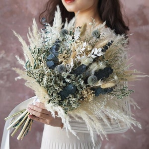 Blaues Stroh Natürliche Trockenblumen, Braune Pampasgras Blume, Boho Hochzeit / Braut Blumenstrauß, Pampas Grass Bouquet, Hochzeitsblumenstrauß