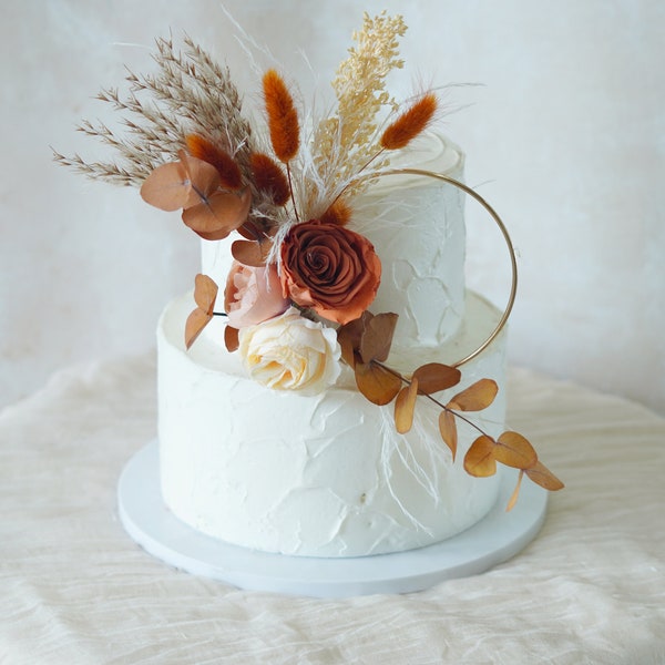 Ramo de pastel de Lovergrass naranja de otoño, adorno de pastel de flores/decoración de pastel, ramo seco, flores de pastel de boda, ramo de pastel de boda