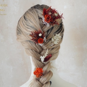 Boho Wedding Flowers Hairpins,Burnt Orange rose& Dried flower Hairpiece,Bridal Hair Accessories,Dried Flower Hair Comb,Rustic Floral pin