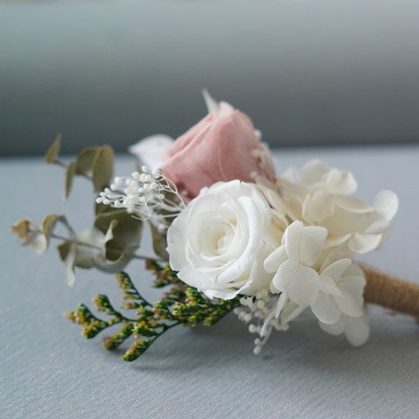 Pink and White Preserved Rose Boutonniere,Rustic Dried flower bouquet,Flower dry arrangement,Weddingbouquet,Lapel pin for men/ Groom pin