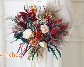 Burgundy Red&Rust Orange Flower Bohemian Natural wedding flower bouquet,Pampas Grass bouquet,Dried flowers bouquet,Bridal/Bridesmaid bouquet