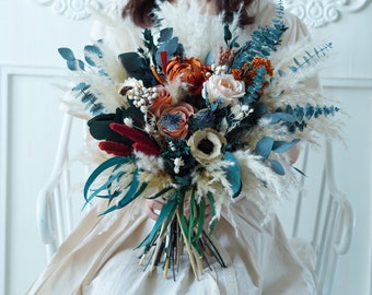 Bluish Preserved Eucalyptus leaves &Silk Flower Bouquets ,Boho Wedding/ Bridal flower bouquet,Pampas Grass Bouquet,Wedding flower bouquet