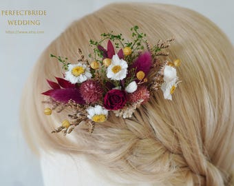 Dried Rose and Daisies Hair Comb,Bridal/Bridesmaid Hair Comb,Wedding Flowers Hairpins,Bridal Hair Accessories