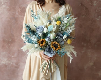 Blue Silk Flowers Wedding bouquet with Sunflowers,Wedding bouquet Boho wedding bouquet with Blue Lovergrass,Bridal  Rustic wedding flowers