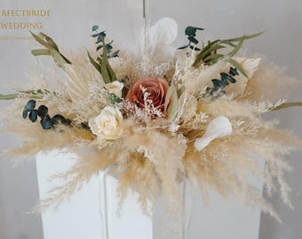 Coral Pink Flowers & Dried Eucalyptus Table Centerpiece,Pampas Grass Boho Wedding Arrangement