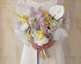 Lilac Purple White Yellow Faux Flower Bridal/Bridesmaid Bouquet, Wedding Set