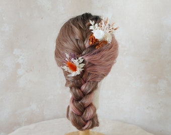 Burnt Orange Hairdressing comb Dried flower Hairpiece,Boho Wedding Flower Hairpins,Bridal Hair Accessories,Flower Hair Comb,Rustic Headpiece