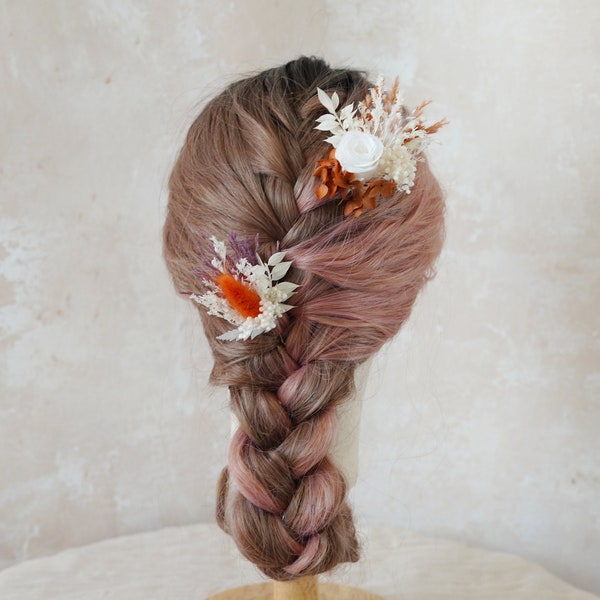 Burnt Orange Hairdressing comb Dried flower Hairpiece,Boho Wedding Flower Hairpins,Bridal Hair Accessories,Flower Hair Comb,Rustic Headpiece