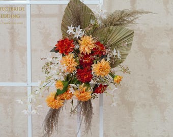 Terracotta and Orange flowers Archway, Wedding arch/arbor with Palm Spear,Arch&Chuppah Decoration,Pampas grass Swag Backdrop