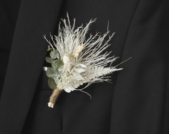 Boutonniere seco de pampas blancas / Ojal / Ramo de flores secas rústicas / Ramo de flores de boda / Boutonnières para hombres