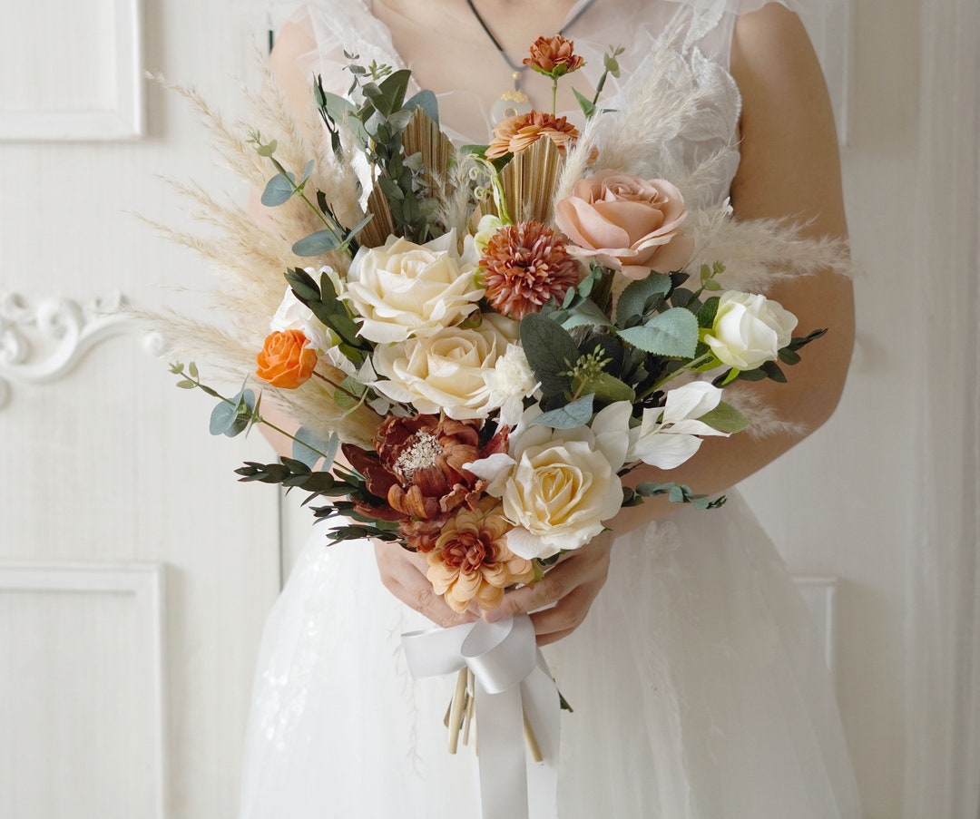 Champagne Silk Flowers& Green Preserved Eucalyptus Wedding Bouquet,boho