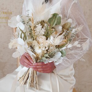 White&Green Boho wedding bouquet,Pampas Grass bouquet,Dried / Eternal flowers bouquet,Bridal/Bridesmaid/Wedding  bouquet