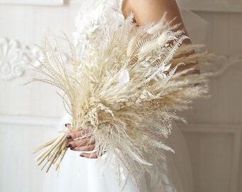 White Natural Boho wedding flowers bouquet,Pampas Grass bouquet,Dried flowers bouquet,Bridal/Bridesmaid bouquet