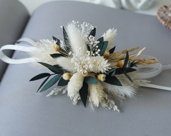 White Bunny tail grass & Eucalyptus leaf Wrist corsage,  Wedding corsage; Mother's day gift, Preserved flowers, Bridal bracelet boho corsage