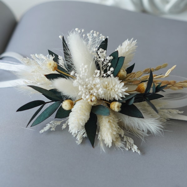 White Bunny tail grass & Eucalyptus leaf Wrist corsage,  Wedding corsage; Mother's day gift, Preserved flowers, Bridal bracelet boho corsage