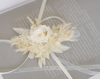 White Rose Wrist corsage, Wedding corsage; Mother&#39;s day gift, Preserved flowers,Bridal bracelet boho corsage
