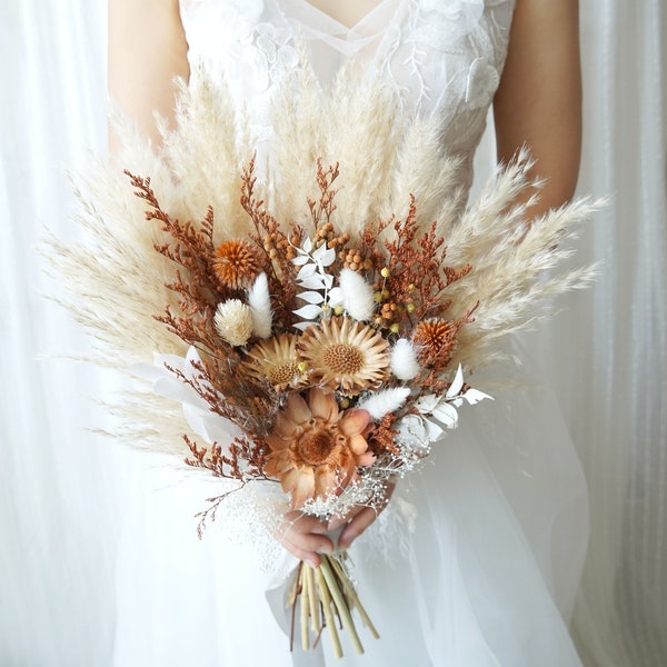 Rust Orange & Burnt Orange Boho boda, flores de boda naturales, ramo de hierba de pampa, ramo de flores secas, ramo de novia/dama de honor