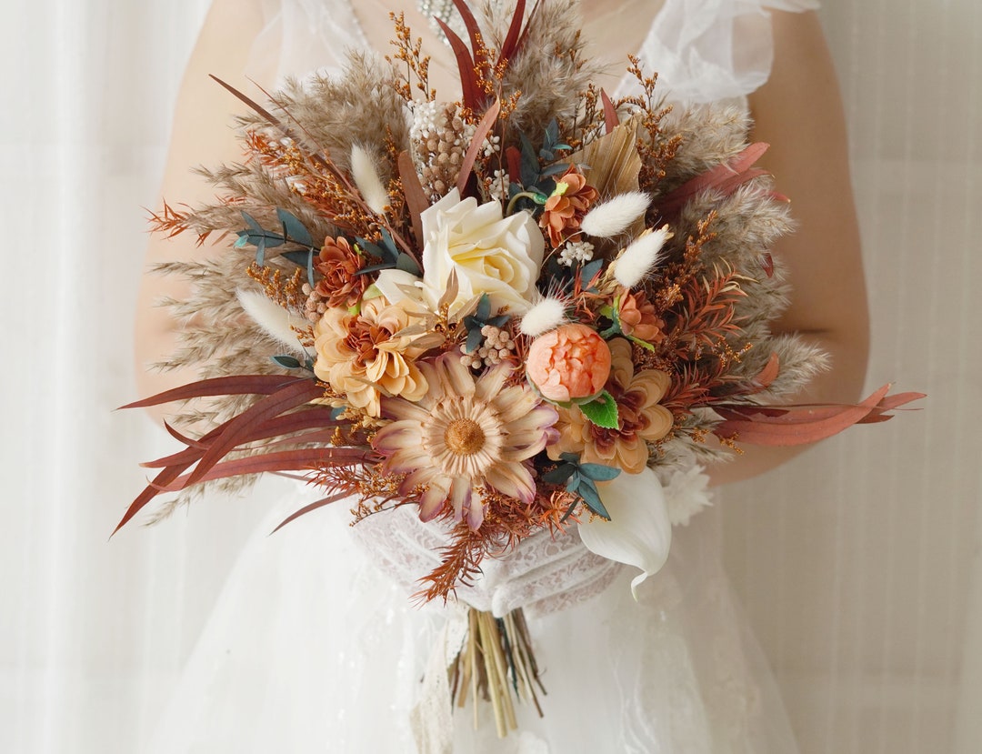 Burnt Orange Silk Flower Bouquet Rustic Boho Wedding Bouquet,artificial