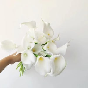 Puede incluir: Un ramo de lirios de agua blancos con pétalos lisos en forma de trompeta y espádices amarillos prominentes. Las flores están dispuestas con tallos verdes agrupados, mostrando la forma elegante y curva de cada flor individual.