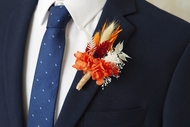 Burnt Orange Bohemian Boutonniere,Wedding Natural Flowers groom's Brooch/Buttonhole,Wedding flower bouquet,wedding Lapel pin Boutonniere image 3