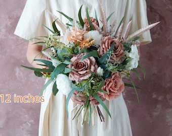 Champagner Kunstseideblumen Boho Hochzeit / Braut Blumenstrauß mit Eukalyptusblättern, Pampasgras Bouquet, Hochzeitsblumenstrauß